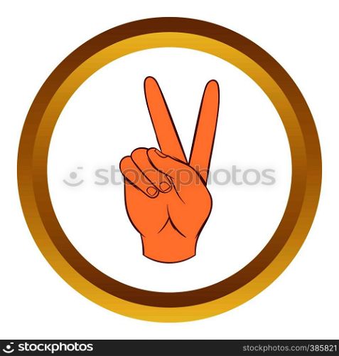 Hand with victory sign vector icon in golden circle, cartoon style isolated on white background. Hand with victory sign vector icon, cartoon style