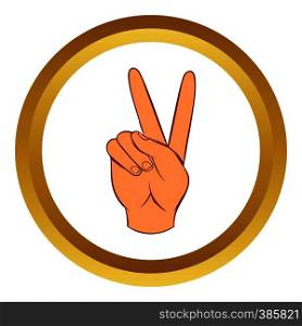 Hand with victory sign vector icon in golden circle, cartoon style isolated on white background. Hand with victory sign vector icon, cartoon style