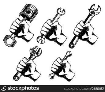Hand with wrench, car piston.Design element for logo, label, emblem, sign. Vector illustration