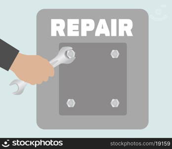 Hand with wrench. Repair icon in flat design