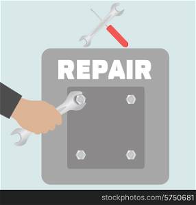 Hand with wrench. Repair icon in flat design