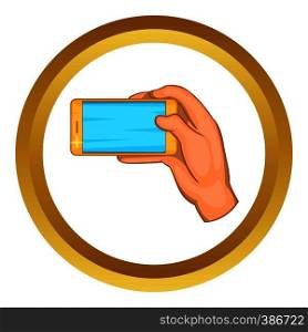 Hand works with a smartphone vector icon in golden circle, cartoon style isolated on white background. Hand works with a smartphone vector icon