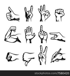 Hand wrist gesture black engraving icon set with thumb up down fist middle finger and other gestures vector illustration