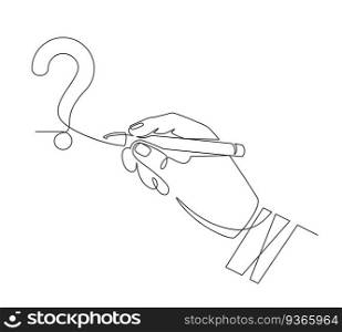 Hand writes question mark. Sketch one line hand draw question mark, quiz and survey symbol, continuous linear graphic vector concept. Question mark typography, drawing monochrome line illustration. Hand writes question mark. Sketch one line hand draw question mark, quiz and survey symbol, continuous linear graphic vector concept
