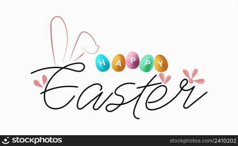 Hand writing easter phrases. greeting card text template with easter eggs with rabbit ears isolated on white background. merry easter lettering. for badges designs, emblems religious, web banner.