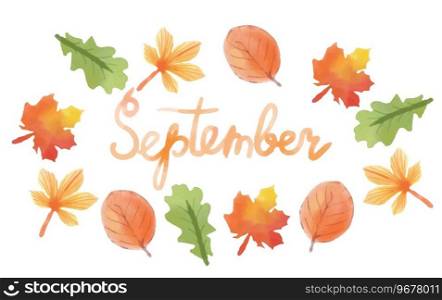 Hand written brush trendy"e September. Watercolor autumn vector lettering with doddle hand drawn leaves. Poster, brochure, web, advertising, flyer. Hand written brush trendy"e September. Watercolor autumn vector lettering with doddle hand drawn leaves. Poster, flyer, brochure, web, advertising