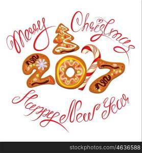 Hand written calligraphic text Merry Christmas and Happy New Year 2017 in gingerbread shape, isolated on white background. Year number as cookies. Winter holidays design element for cards, invitation.