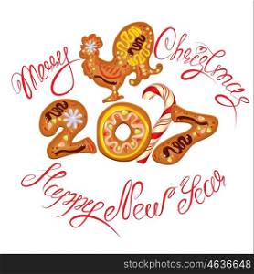 Hand written calligraphic text Merry Christmas and Happy New Year 2017, isolated on white background. Year number as cookies. Winter holidays design. Stylized rooster from Chinese calendar.