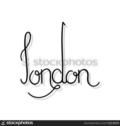 Hand written city name of London. Hand lettering in black color and grey shadow on white background.