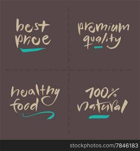 Hand written food vector labels set. Best price, Premium quality, Healthy food, 100% natural. Eps and hi-res jpg included.