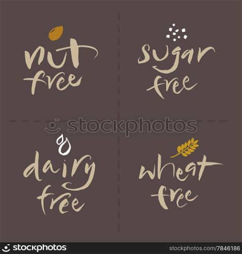 Hand written unhealthy or allergenic food vector label logos set. Nut free, Sugar free, Dairy free, Wheat free. Eps and hi-res jpg included.