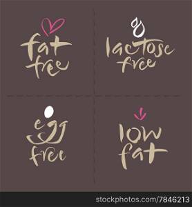 Hand written unhealthy or allergenic food vector label logos set. Fat free, Lactose free, Low fat. Eps and hi-res jpg included.