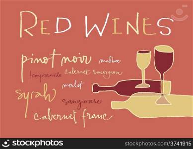 Hand-written words listing different red wines varieties. EPS vector file. Hi res JPEG included.