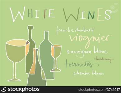 Hand-written words listing different white wines varieties. EPS vector file. Hi res JPEG included.