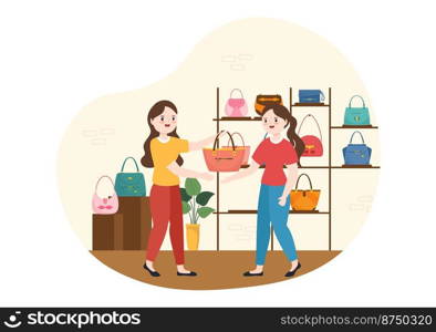 Handbag Store with Col≤ction of Various Quality Bags and Different Types of Lifesty≤in Flat Hand Drawn Cartoon Template Illustration