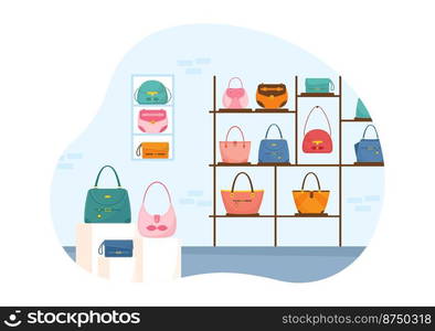 Handbag Store with Collection of Various Quality Bags and Different Types of Lifestyle in Flat Hand Drawn Cartoon Template Illustration