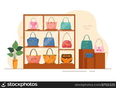 Handbag Store with Collection of Various Quality Bags and Different Types of Lifestyle in Flat Hand Drawn Cartoon Template Illustration