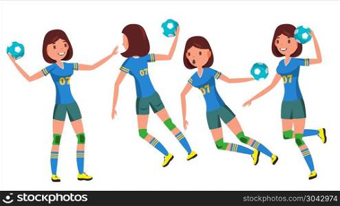 Handball Female Player Vector. Playing In Different Poses. Woman. Attack Jump. Shooting Player. Athlete Isolated On White Cartoon Character Illustration. Handball Young Woman Player Vector. Girl Athlete. Throws Ball In Jump. Attack Figure. Flat Cartoon Illustration