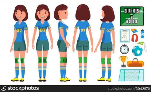 Handball Girl Player Female Vector. Match Competition. Running, Jumping. Cartoon Athlete Character Illustration. Handball Female Player Vector. In Action. Sport Event. Energy, Aggression. Cartoon Character Illustration