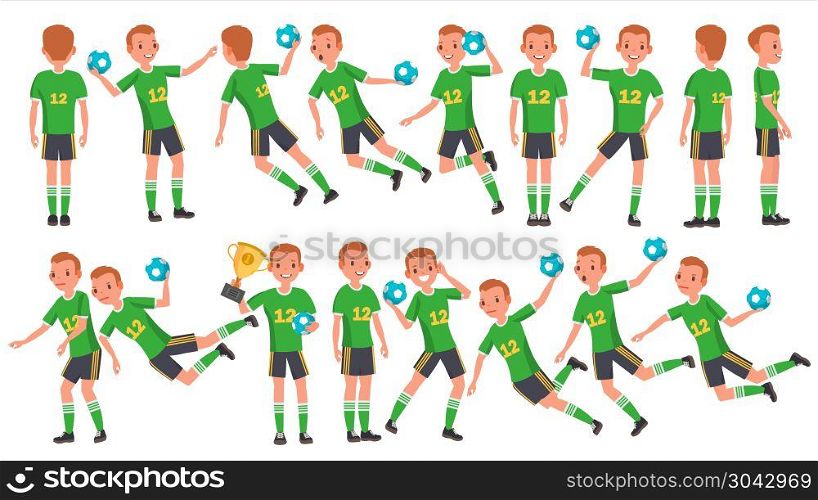 Handball Male Player Vector. In Action. Throws Ball In Jump. Poses. Attack Figure. Cartoon Character Illustration. Handball Player Male Vector. Match Competition. Running, Jumping. Isolated Flat Cartoon Character Illustration