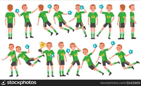 Handball Male Player Vector. In Action. Throws Ball In Jump. Poses. Attack Figure. Cartoon Character Illustration. Handball Player Male Vector. Match Competition. Running, Jumping. Isolated Flat Cartoon Character Illustration