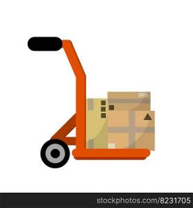 Handcart with box. Shipping service and cart. Pushcart with cargo. Delivery of goods. Warehouse and logistics. Flat cartoon illustration. Handcart with box. Shipping service