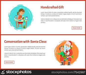 Handcrafted gift and conversation with Santa vector web pages, Christmas Claus and kid sitting on his laps vector. Girl scrapbooking greetings, text sample. Handcrafted Gift, Conversation with Santa Vector