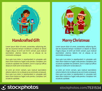 Handcrafted gift and merry Christmas cartoon characters. Santa Claus and Snow maiden with bag full of gifts, girl making handmade postcards, vector text. Handcrafted Gift Merry Christmas Cartoon Character