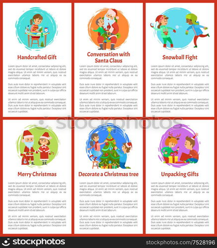 Handcrafted gifts and conversation with Santa Claus vector. Children unpacking presents in boxes, snowball fight game, winter character with helper. Handcrafted Gifts and Conversation with Santa