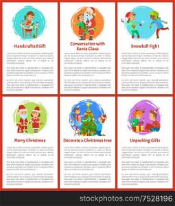 Handcrafted gifts and conversation with Santa Claus vector. Children unpacking presents in boxes, snowball fight game, winter character with helper. Handcrafted Gifts and Conversation with Santa