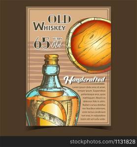 Handcrafted Old Whiskey Advertising Banner Vector. Blown Scotch Bottle With Style Cork Cap And Blank Label Of Traditional Alcoholic Beverage And Ancient Wooden Barrel. Colored Illustration. Handcrafted Old Whiskey Advertising Banner Vector