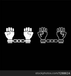 Handcuffed hands Chained human arms Prisoner concept Manacles on man Detention idea Fetters confine Shackles on person icon outline set white color vector illustration flat style simple image. Handcuffed hands Chained human arms Prisoner concept Manacles on man Detention idea Fetters confine Shackles on person icon outline set white color vector illustration flat style image