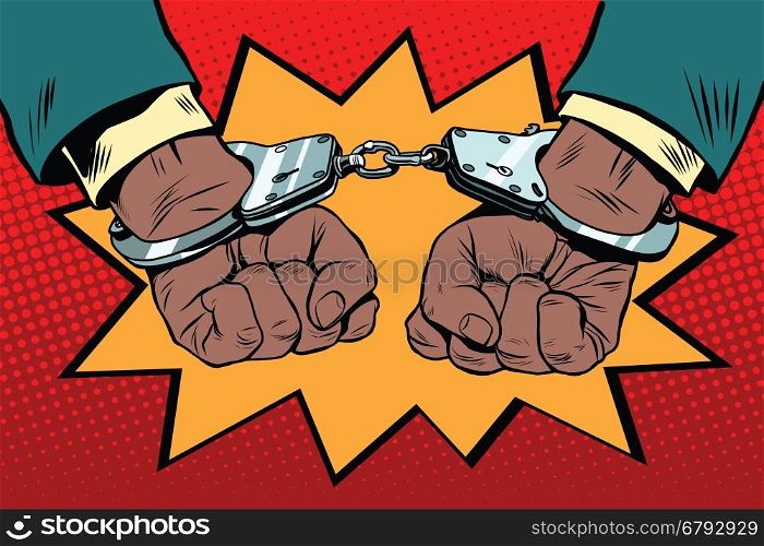 handcuffs behind the back, hands African American, pop art retro illustration. Police violence and human rights