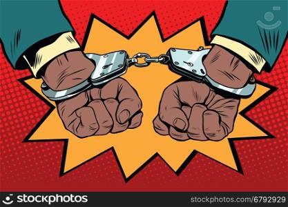 handcuffs behind the back, hands African American, pop art retro illustration. Police violence and human rights