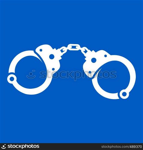 Handcuffs icon white isolated on blue background vector illustration. Handcuffs icon white
