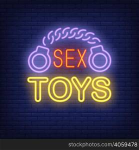 Handcuffs with Sex Toys lettering. Neon sign on brick background. Sex shop, electric sign, nightclub. Erotica concept. For topics like entertainment, love, business