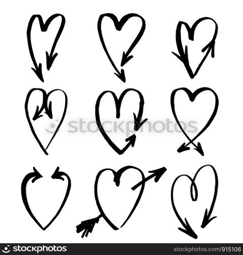 Handdrawn arrows vector set drawn by brush. Isolated vector illustration on white background.