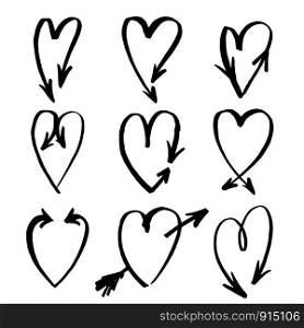 Handdrawn arrows vector set drawn by brush. Isolated vector illustration on white background.
