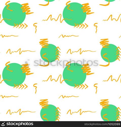 Handdrawn brush stroke and circle seamless pattern. Memphis style pattern. Abstract background. Yellow and turquoise color.. Abstract seamless pattern