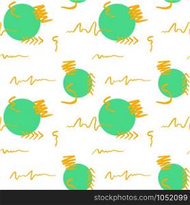 Handdrawn brush stroke and circle seamless pattern. Memphis style pattern. Abstract background. Yellow and turquoise color.. Abstract seamless pattern