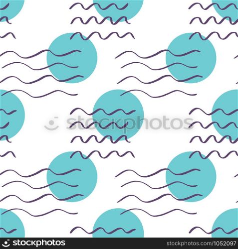Handdrawn brush wave stroke and circle seamless pattern. Memphis style pattern. Abstract background.. Abstract seamless pattern