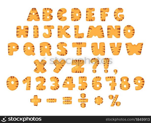 Handdrawn cartoon alphabet letters and numbers set with tiger skin pattern. Vector illustration