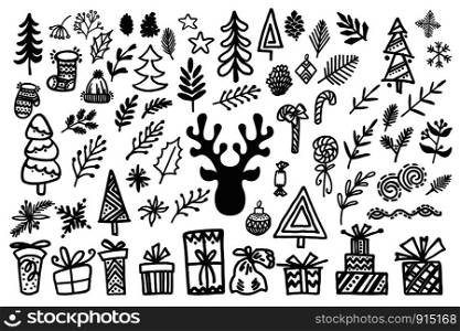 Handdrawn christmas elements. Isolated vector illustration on white background.