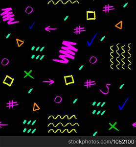 Handdrawn colorful on black background brush stroke seamless pattern. Memphis style pattern. Abstract background.. Abstract seamless pattern