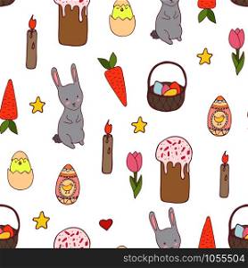 Handdrawn easter seamless pattern with bunny, carror, eggs and chiken , vector illustration. Handdrawn easter seamless pattern