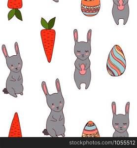 Handdrawn easter seamless pattern with bunny, carrot and decorative eggs, vector illustration. Handdrawn easter seamless pattern