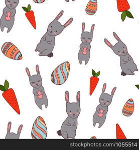 Handdrawn easter seamless pattern with bunny, carrot and decorative eggs, vector illustration. Handdrawn easter seamless pattern