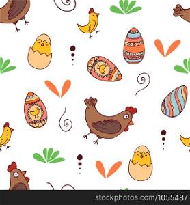 Handdrawn easter seamless pattern with egg, chiken and hen , vector illustration. Handdrawn easter seamless pattern