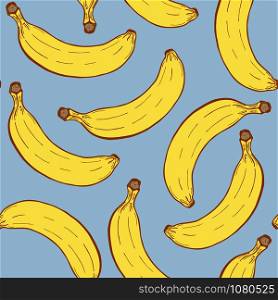 Handdrawn fruit seamless patter with banana, vector illustration, on blue background. ?????3