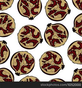 Handdrawn fruit seamless patter with pomegranate, vector illustration, on white background. Fruit pattern
